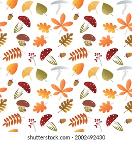 autumn seasonal vector seamless pattern with leaves, mushrooms and berries on white background