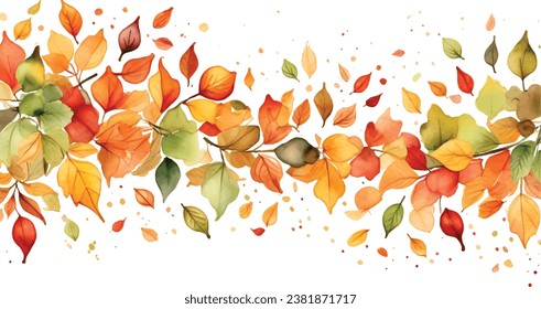 Autumn seasonal vector watercolor background falling autumn green, golden, red and orange colored leaves isolated on white background, Autumn seasonal illustration.