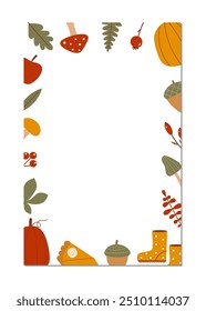 Autumn Seasonal Vertical Frame with Leaves Mushrooms Apples Berries Pumpkins and Acorns.