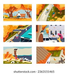Autumn seasonal weather conditions, raining in city. People in park enjoying falling leaves from trees. Characters walking on streets, fall season in village or small town. Vector in flat style