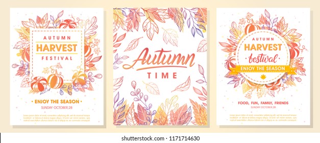 Autumn seasonals postes with autumn leaves and floral elements in fall colors.Autumn greetings cards perfect for prints,flyers,banners,invitations,promotions and more.Vector autumn illustration.
