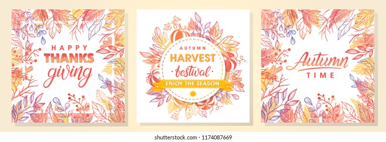 Autumn seasonals postes with autumn leaves and floral elements in fall colors.Autumn greetings cards perfect for prints,flyers,banners,invitations,promotions and more.Vector autumn illustration.
