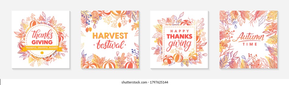 Autumn seasonals postes with leaves and floral elements in fall colors.Greetings and harvest fest posters perfect for prints,flyers,banners,invitations.Trendy fall designs.Vector autumn illustrations