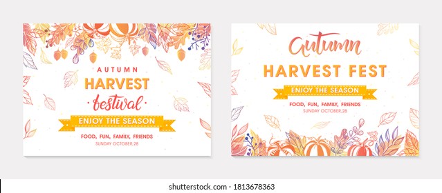 Autumn seasonals postes with leaves and floral elements in fall colors.Greetings and harvest fest banners perfect for prints,flyers,banners,invitations.Trendy fall designs.Vector autumn illustrations