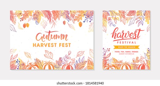 Autumn seasonals postes with leaves and floral elements in fall colors.Greetings and harvest fest banners perfect for prints,flyers,banners,invitations.Trendy fall designs.Vector autumn illustrations