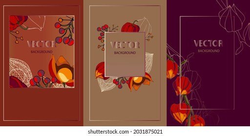 Autumn seasonals postes with autumn leaves and floral elements in fall colors.Autumn greetings cards perfect for prints,flyers,banners,invitations,promotions and more.Vector autumn illustration