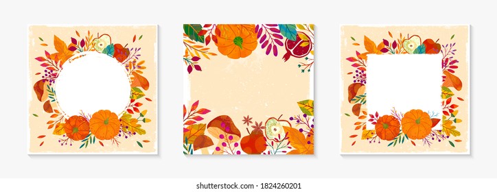 Autumn seasonals templates with leaves and floral elements in fall colors.Vector layouts perfect for prints,flyers,banners,invitations.Trendy fall banners.Autumn illustrations with copy space for text