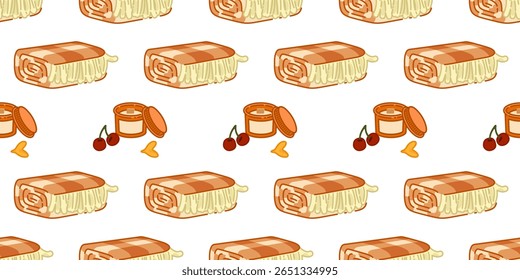 Autocuidado padrão contínuo outono. Padrão de desenho animado sem costura com cobertores acolhedores dobrados, frutas cereja e frascos de cuidados com a pele. Design quente e calmante com autocuidado e humor de vida lenta.