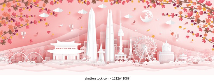 Autumn in Seoul, South Korea with falling maple leaves in paper cut style vector illustration