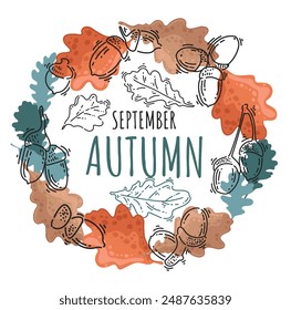 Autumn September abstract template frame with Retro oak leaves and acorns for design of invitations or discounts. Autumn Template for decoration. Vector fall organic pattern.