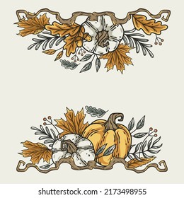 Autumn september composition with pumpkin candle and leaves. Halloween october invitation design, trick or treat decor