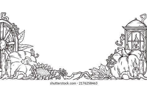 Autumn september composition with pumpkin candle and leaves. Halloween october invitation design, trick or treat decor