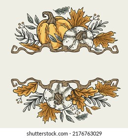 Autumn september composition with pumpkin candle and leaves. Halloween october invitation design, trick or treat decor