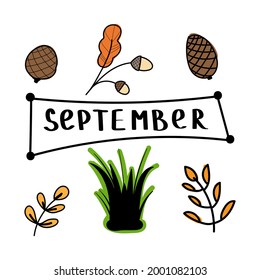 Autumn september set, hand drawn elements- calligraphy, fall leaves, forest animals, wreaths, and other. Perfect for web, card, poster, cover, tag, invitation, sticker kit. Vector illustration

