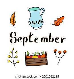 Autumn september set, hand drawn elements- calligraphy, fall leaves, forest animals, wreaths, and other. Perfect for web, card, poster, cover, tag, invitation, sticker kit. Vector illustration

