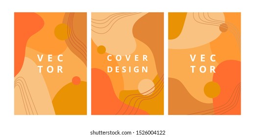 Autumn set of abstract backgrounds with fluid shapes and hand draw line in orange colors. Modern design template with space for text. Minimal stylish cover for branding design. Vector illustration