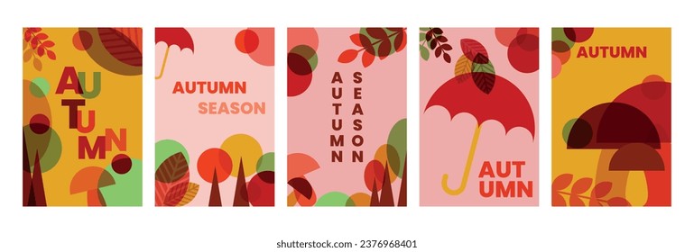 Otoño. Juego de cartas abstractas con fondo otoñal, hojas, paraguas, setas y bayas. Día de Acción de Gracias. Dibujos para afiche, tarjeta, pancarta, afiche o fondo