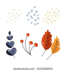 Autumn set of abstract dots and twigs, leaves with red rowan berries. The vector element is red berries. Templates for celebration, ad, branding, banner, cover, label, poster, sales