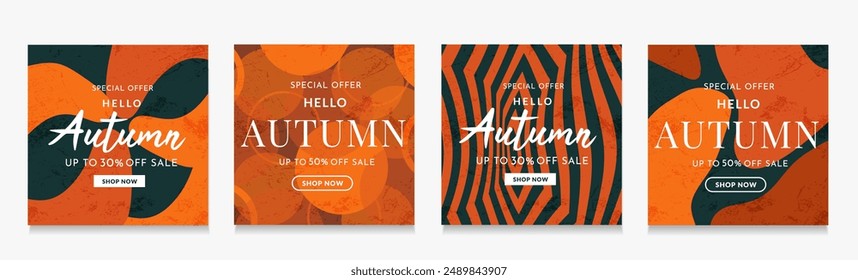 Autumn Set with Abstract Elements. Retro Style from the 80s-90s. Modern Background Patterns for Advertising, Web, Social Media, Posters, Banners, Covers. Sale Offer 30-50%. Vector Illustration.