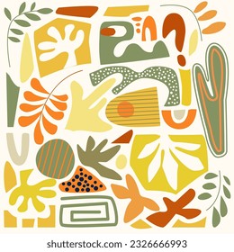 Herbstset mit abstrakten Figuren, inspiriert von Matisse Art Stile. Sommerkollektion. Pflanzliche Elemente, geometrische Formen mit Streifen und Polka-Punkten. Gelb und Grau grün. Für Poster, Muster usw.