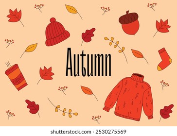 Autumn set with acorn, leaf, sweater, socks, hat and coffee. Seasonal cozy autumn elements. Vector illustration.
