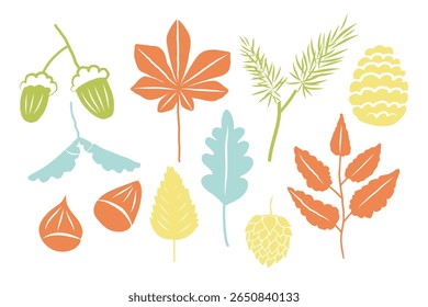 Outono definido com bolota, folhas de carvalho de bordo, tília, pinecone, sementes de plantas florestais. clip-art de outono em estilo de esboço para design, sinal, ícone, logotipo, cartão. Ilustração isolada de vetor botânico texturizado 