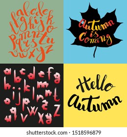 Autumn set: alphabets, "Hello autumn" lettering and "Autumn is coming". Autumn calligraphy. Unique vector alphabets. Lettering design.