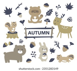 autumn set, animal, raccoon dog,  deer, rabbit, bear, squirrel