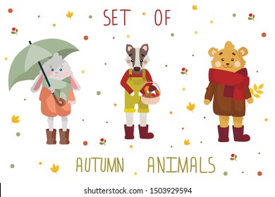 
Autumn set with animals. In a set a bunny with an umbrella in a coat. Badger with a basket of mushrooms, berries and cones. Bear with an autumn leaf in a coat and scarf. Animals in warm clothes.