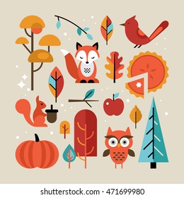 Conjunto de otoño con animales y árboles para gráficos y Diseño web