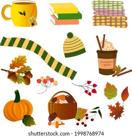 Autumn set. Autumn attributes - hat and scarf, plaid, tea and coffee, autumn leaves and berries, pumpkin. Vector illustration isolated on white background. For the design of greetings, invitations