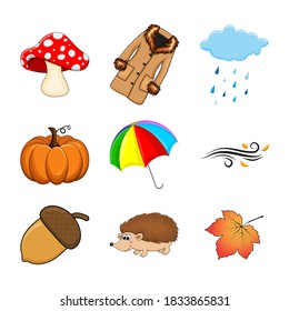 Autumn set. Autumnal cartoon symbols collection isolated on white. Fall illustration elements. Seasonal vector icons with coat, pumpkin, mushroom, umbrella, acorn, rain, cloud, hedgehog, wind, leaf 
 