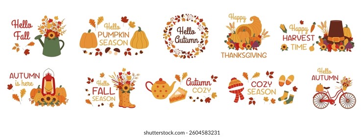 Autumn set. Set of autunm illustrations and letterings. Collection of fall season cliparts. Autumn concept.