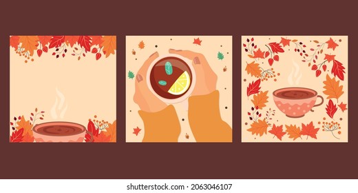 Autumn set of backgrounds. Autumn leaves, mug, mug in hands