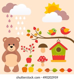 autumn set with bear and birds