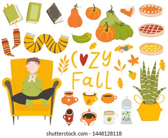 Autumn set - boy sets in armcher and holding cup with hot drink, fallen leaves, knitted socks, house plant isolated on white background. Colorful vector illustration in flat cartoon style.