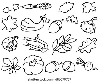 Autumn set with bright leaves. Fall season collection with vegetables. Crop doodle objects. Vector illustration with pumpkin, carrot, corn, chestnut and acorn