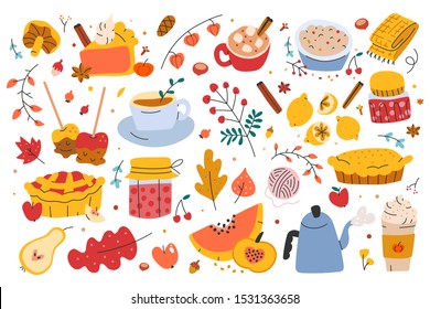 Autumn set, bundle of hand drawn clip arts of seasonal food and drinks, vector illustrations. Apple and pumpkin pie, jam jars leaves, caramel apples, pumpkin spice latte, symbols of fall. sticker pack