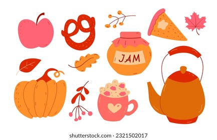 Autumn set, bundle of hand drawn clip arts of seasonal food and drinks, vector illustrations. Sticker pack
