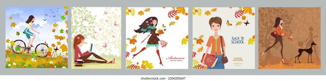 Autumn Set Of Cards With Ladies. Young Woman Riding A Bike. Nice Girl Reading A Book Under A Tree. Smiling Female With Leaves. Schoolgirl Standing With Books. Fashion Lady Walking With Dog In A Park. 