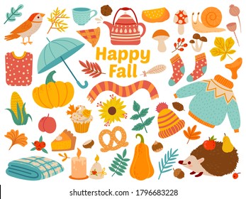 Autumn set. Cartoon yellow plants, food and forest animals, harvest festival and thanksgiving day attributes for card, poster vector set as warm clothing, mushrooms and leaves. Happy fall