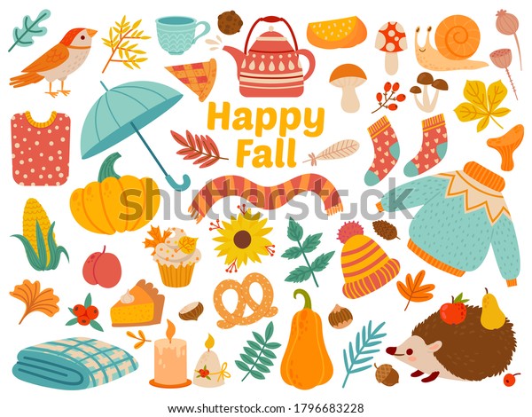 Autumn set. Cartoon yellow plants, food and forest\
animals, harvest festival and thanksgiving day attributes for card,\
poster vector set as warm clothing, mushrooms and leaves. Happy\
fall