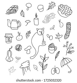 Autumn set with cat,mushrooms,leaves,teapot, candle,pleid,grapes,rosehips,jar with jam, mandarin,pie,branches,pumpkin,umbrella.Clip art black line in the style of doodle.Design for card,packages,web.