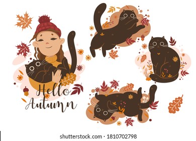 Autumn set of cats and girl illustrations and the inscription  Hello Autumn. Vector graphics