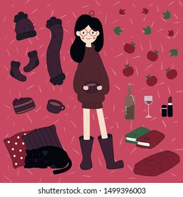 Autumn set with the character of a Girl in glasses with black hair in a large sweater and a mug in her hands. Around her is a set of warm and cozy things for the cold season. Warm clothes, wine, cat.