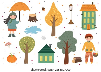 Autumn set: children, trees, houses, lantern, stump