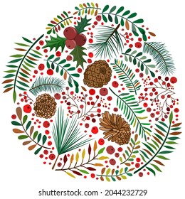 Autumn set in a circle: bright colorful leaves, berries and cones. Colours of late autumn.