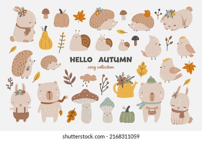 Autumn set  autumn clip art  collection design elements and leaves  pumpkins  cute animals  mushrooms   others  Hand drawn childish vector illustration 
