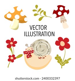 Autumn set, autumn clip art, collection of design elements with leaves, pumpkins, cute animals, mushroom, floral and others. Hand drawn vector illustration.