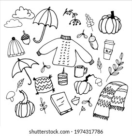 Autumn set of clothes and accessories, beautiful autumn in the style of doodle, simple drawings, drawings with your own hands, scarf, sweater, pony in vector format, minimalism and simple lines